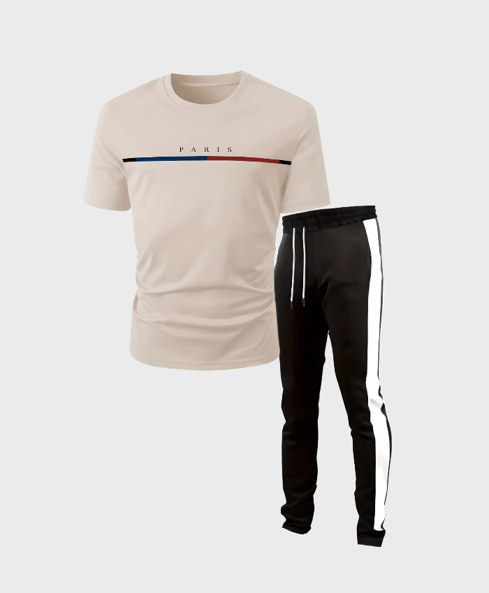 Paris - 2-delige set beige t-shirt en zwarte trackpants - Miller-Mode