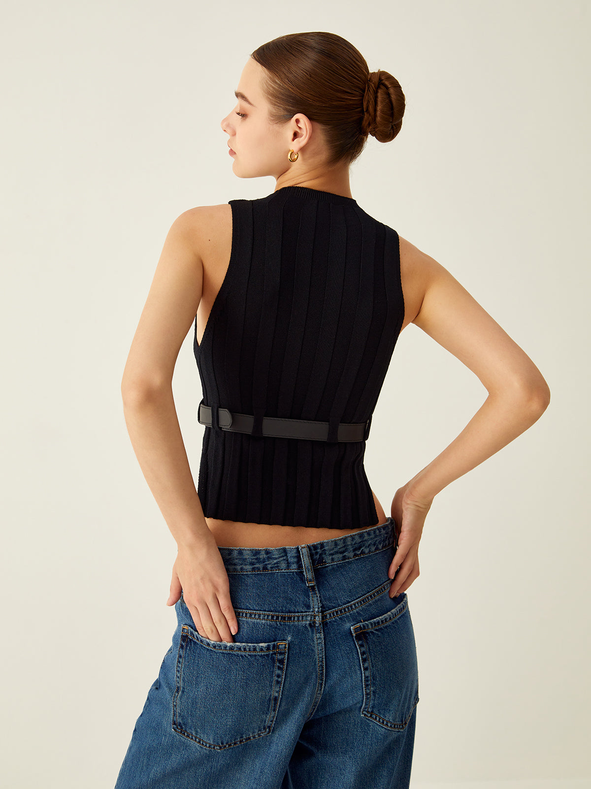 Geribde Tanktop met Mock Neck en Leren Riem