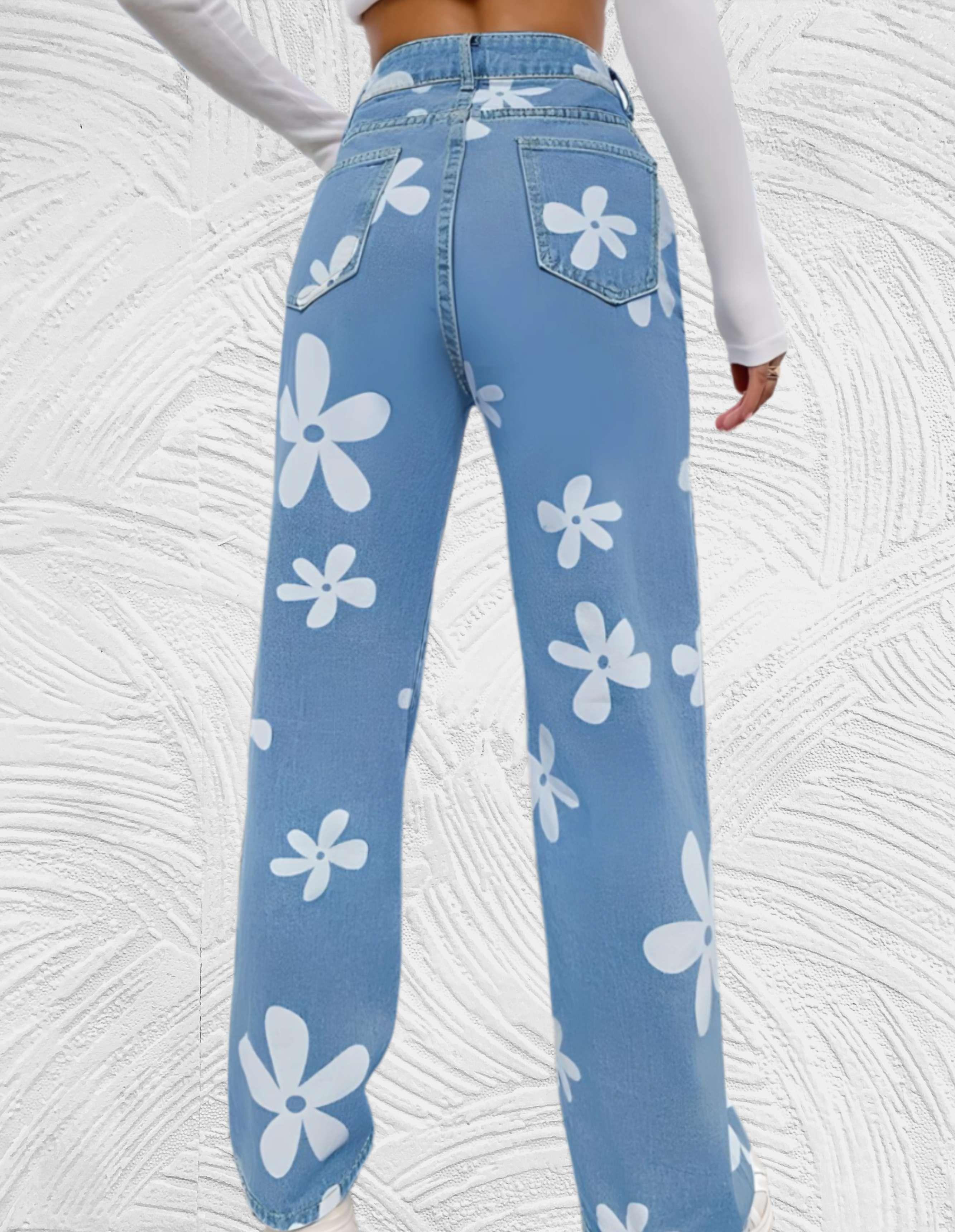 Frea - Denim jeans met hoge taille wijde pijpen met print van witte bloemen - Miller-Mode