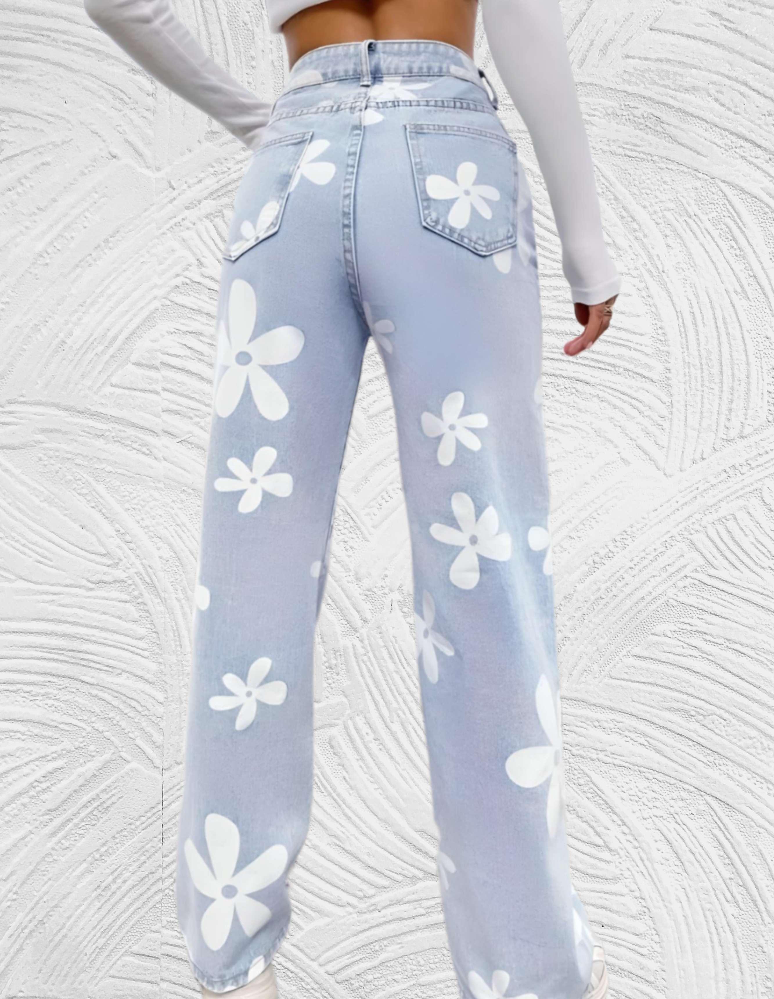 Frea - Denim jeans met hoge taille wijde pijpen met print van witte bloemen - Miller-Mode