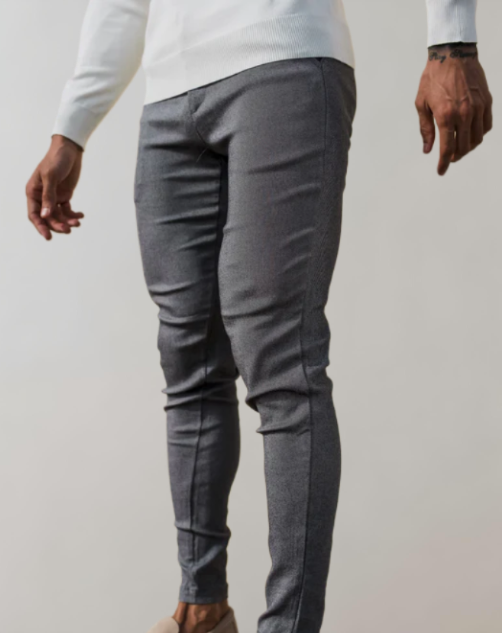 Effen semi-formele skinny, soepele herenbroek met zakken en rits